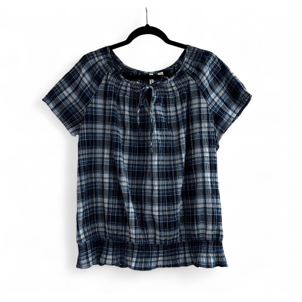 St. John's Bay Blue White Plaid Smocked Short Sleeve Top Cottage Fall Women's XL